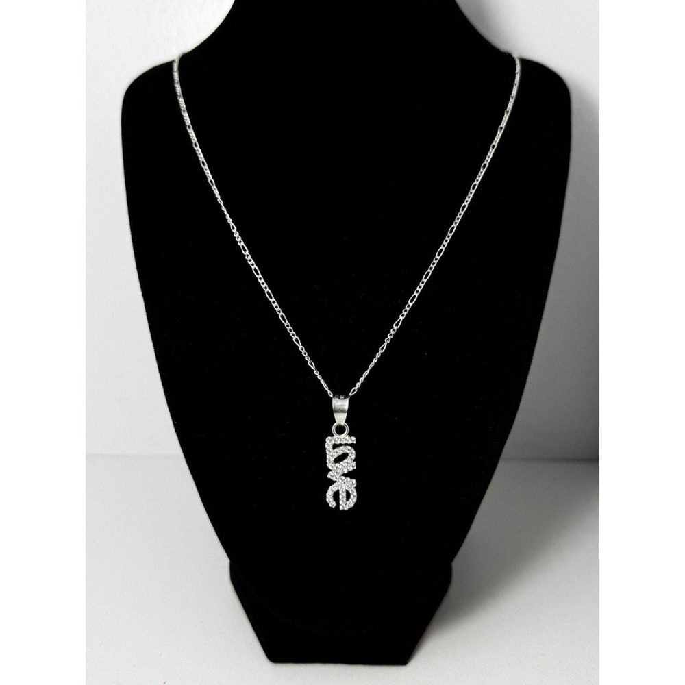Sterling Silver Love Pendant Necklace 925 Italy Figaro Chain 24 Inch Simulated
